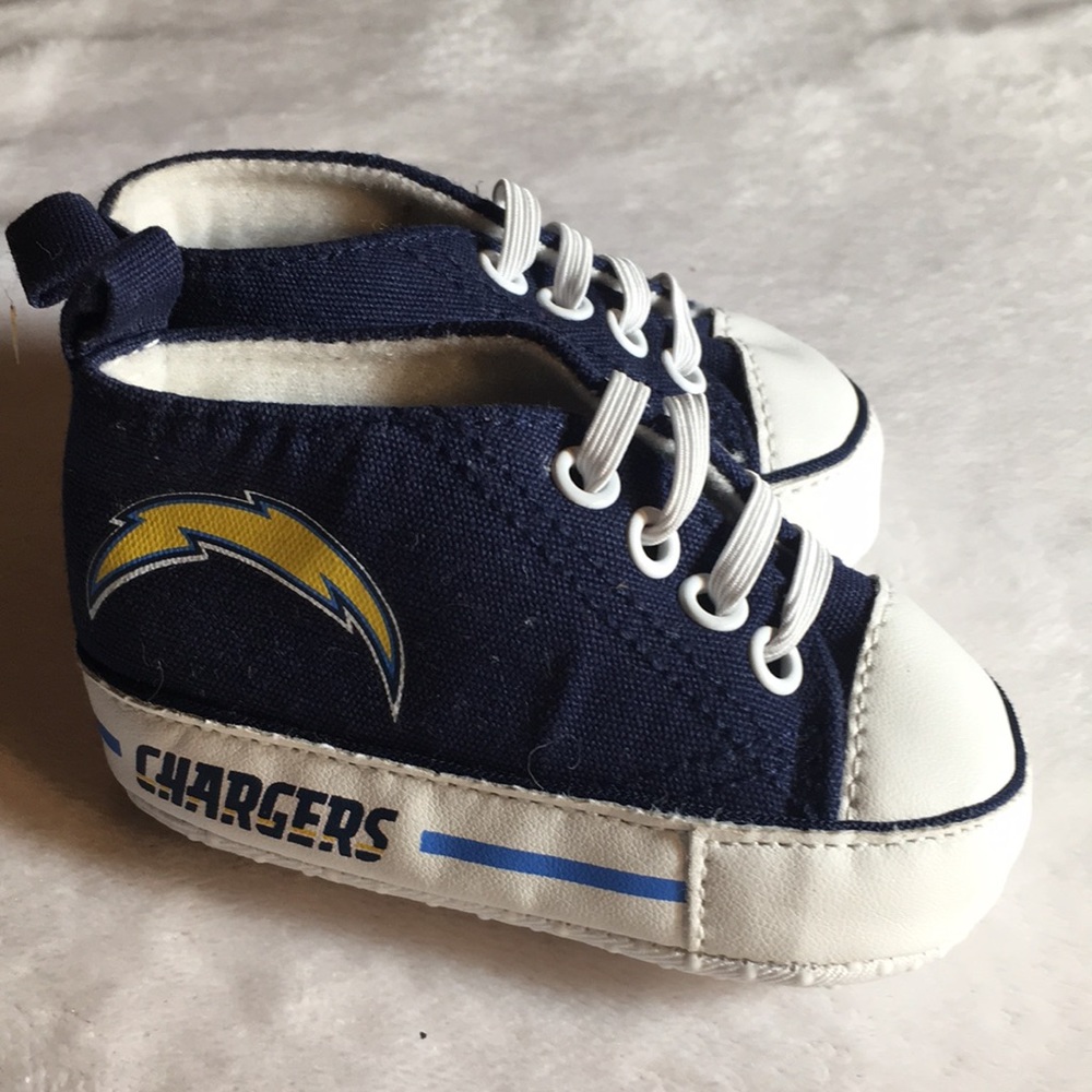 Infant 0-6 months lace up slip on blue and white Chargers shoes w/yellow design